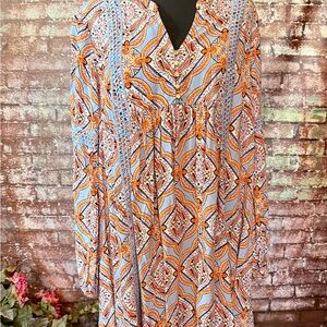 crown & ivy Blue and Orange Long Sleeve Crochet-Trim Dress